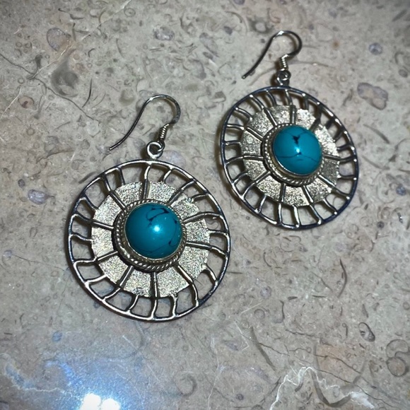 Vintage Turquoise Earrings Handmade in India Large Sun Dangle Earrings Sterling - Picture 4 of 9